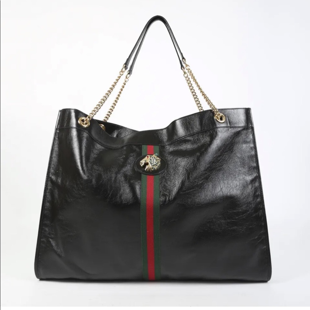 Gucci Rajah Black Leather Web Stripe Tote Bag
